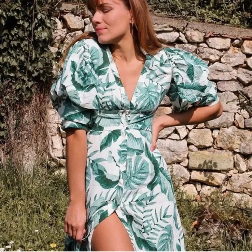 H&M x Johanna Ortiz Green White Linen Leaf Dress - Picture 4 of 11